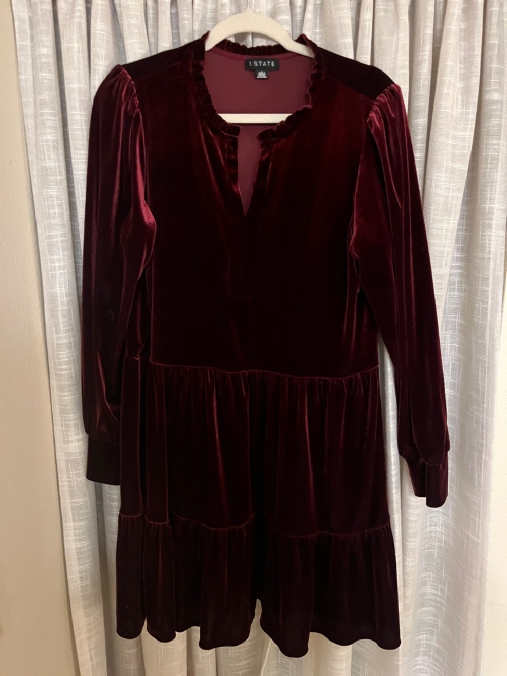 1. State Girls' Velvet Wine Red Tiered Long-Sleeve Dress